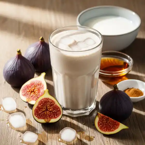A refreshing fig milkshake in a glass with ice cubes sits on a wooden table, surrounded by fresh figs, honey, cinnamon, and a bowl of milk, creating a cozy, inviting scene.