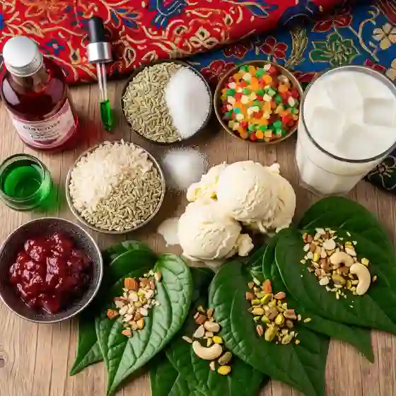 A colorful assortment of ingredients for a Paan Milkshake dessert, including ice cream, spices, colorful candies, and various toppings on betel leaves.