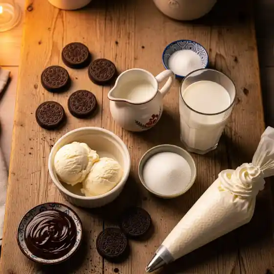 Vanilla ice cream scoops in a bowl, a glass and jug of milk, a bowl of sugar, chocolate cookies, chocolate sauce, and a piping bag of cream on a wooden table — all the ingredients for a cozy dessert moment, just like the precision and detail in Edgar haircuts for men.