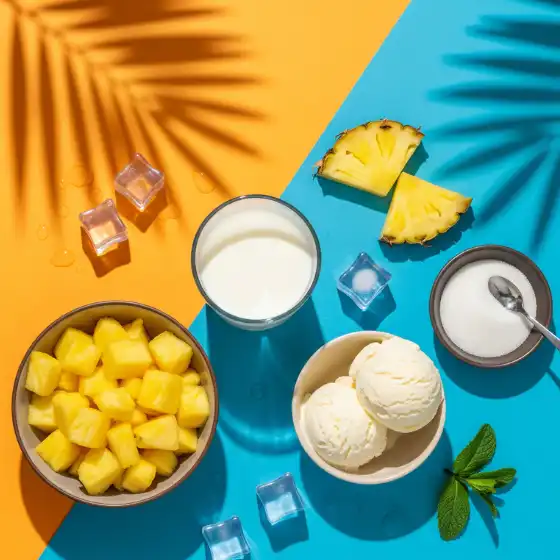 Bright flat lay of Pineapple Milkshake Recipe ingredients on orange and blue backdrop. Includes pineapple chunks, milk, ice cream, sugar, mint, and ice cubes. Tropical vibe.