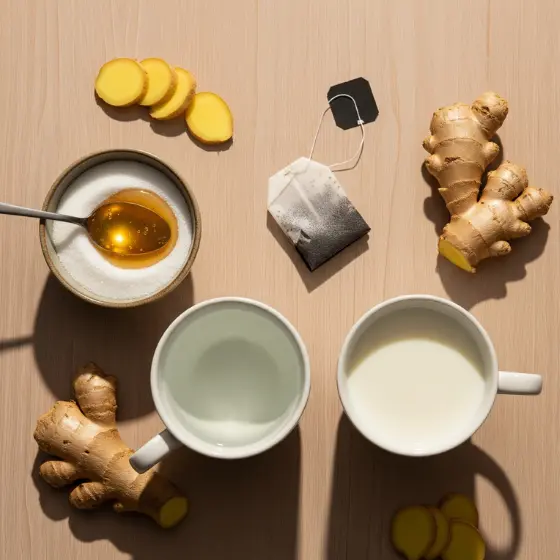 A flat lay of fresh ginger, honey, tea bags, and two mugs—one with water and one with milk—on a wooden surface, showcasing the essential ingredients for Ginger Milk Tea.