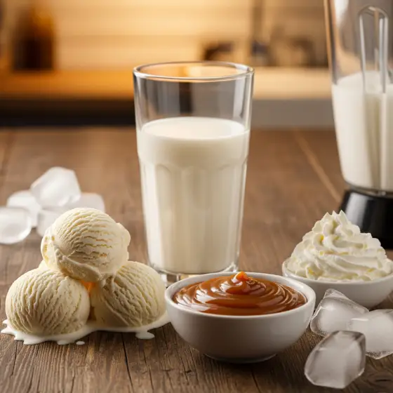 Caramel Milkshake ingredients displayed on a wooden table, including a glass of milk, vanilla ice cream scoops, caramel sauce, whipped cream, and ice cubes.