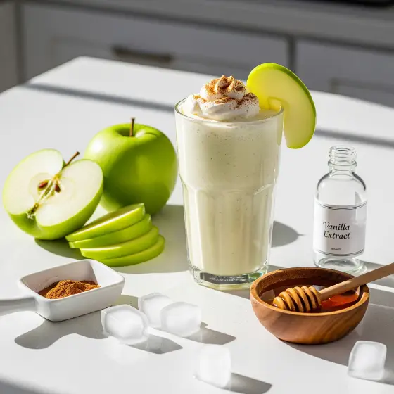 A creamy apple milkshake in a glass, topped with whipped cream and cinnamon, garnished with an apple slice. Nearby are green apples, vanilla extract, honey, cinnamon, and ice cubes on a white counter with warm sunlight.