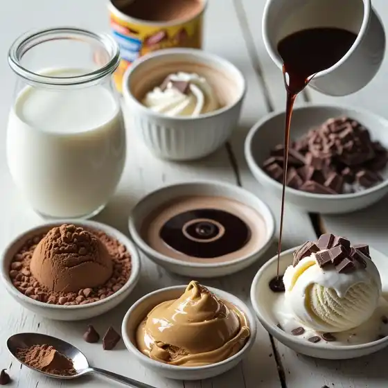 A collection of dessert ingredients, including milk, chocolate sauce, ice cream, and chocolate pieces, arranged on a table.A collection of dessert ingredients, including milk, chocolate sauce, ice cream, and chocolate pieces, arranged on a table.