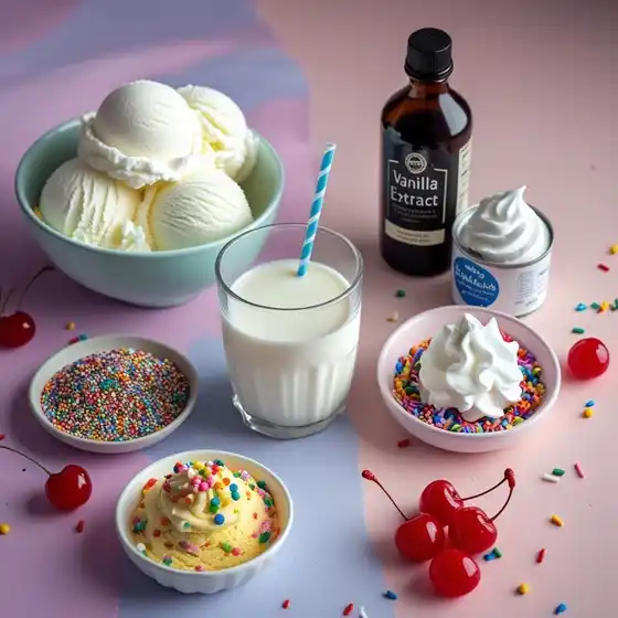 A colorful Birthday Cake Milkshake with ice cream, sprinkles, whipped cream, cherries, vanilla extract, and a glass of milk with a striped straw.