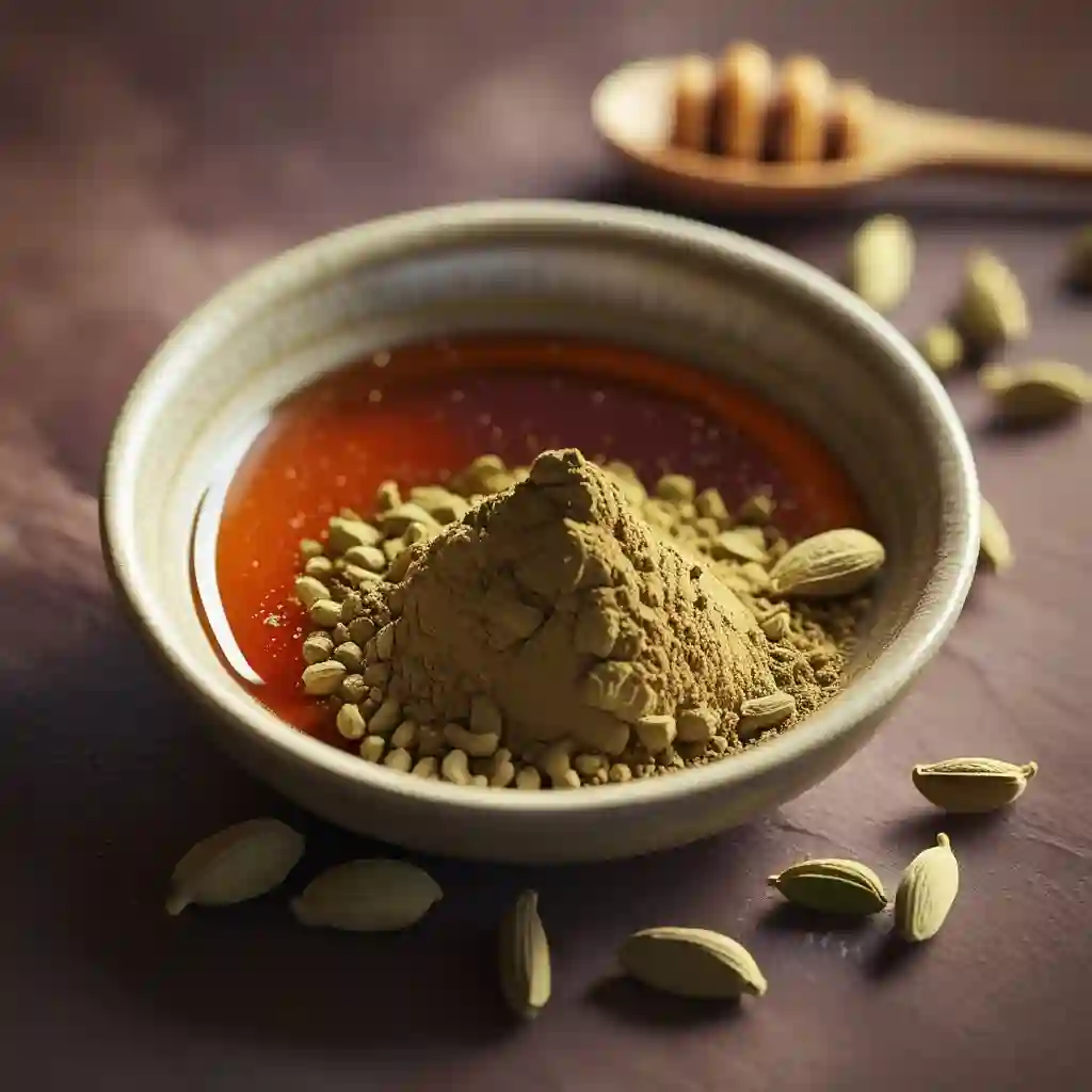 A bowl of cinnamon powder surrounded by honey and various seeds