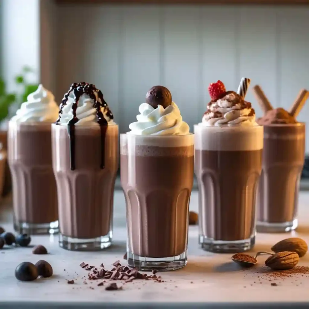 A display of four distinct chocolate milkshakes, each with unique toppings and garnishes, showcasing their rich textures.