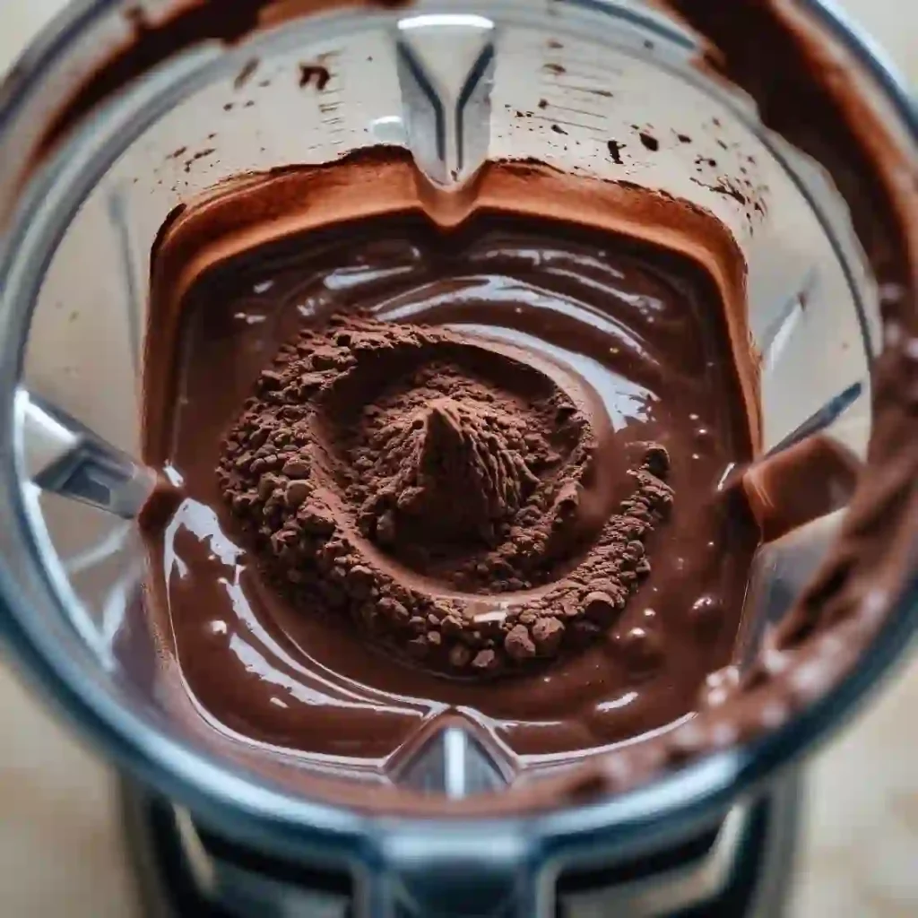 A blender filled with rich chocolate powder, ready for mixing into a delicious beverage or dessert.