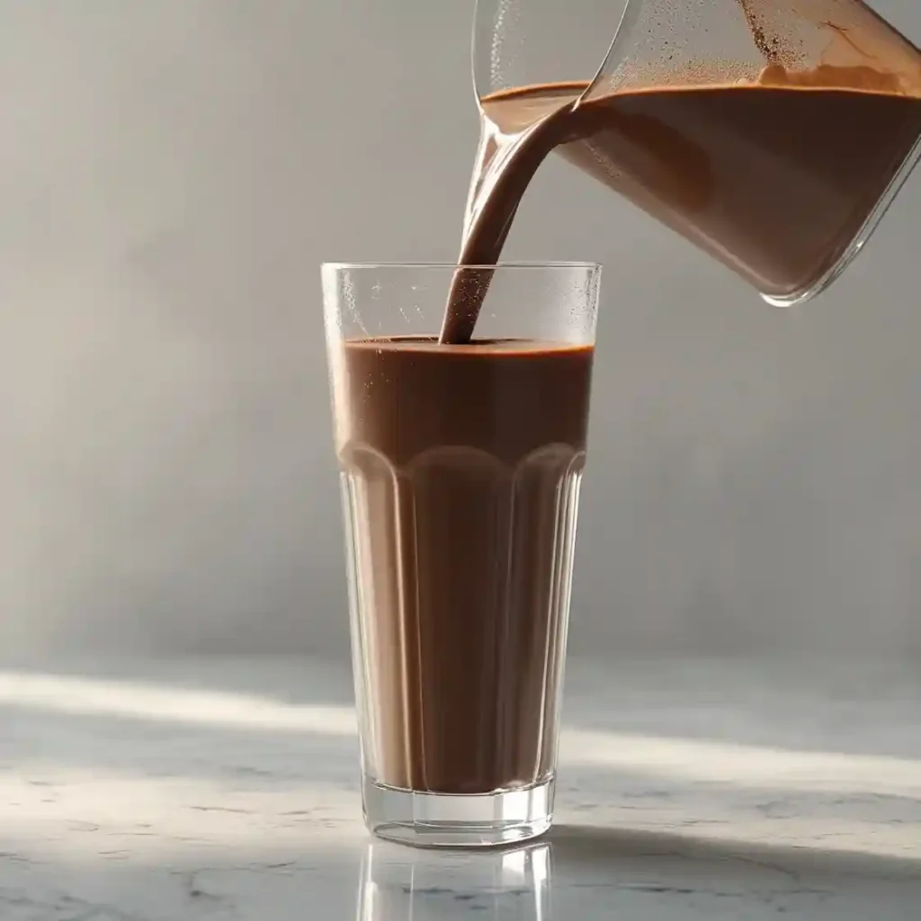 A stream of rich chocolate milk is being poured into a clear glass, creating a swirl of creamy texture.