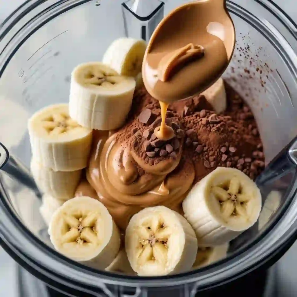 A creamy peanut butter banana smoothie in a glass, garnished with banana slices and a sprinkle of nuts on top.