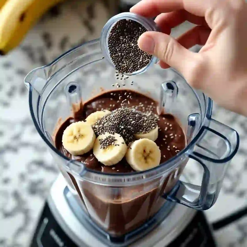 A person is pouring chia seeds into a blender, preparing to blend ingredients for a nutritious drink.