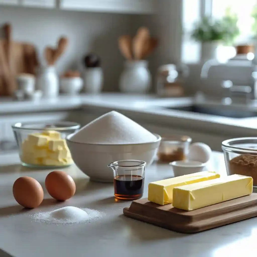 A kitchen counter displaying a cutting board, eggs, butter, and various cooking ingredients arranged neatly.