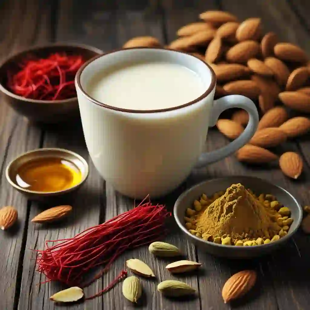 A wooden table displaying milk, almonds, and an assortment of spices arranged artfully