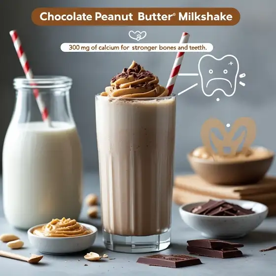 A creamy chocolate peanut butter milkshake topped with whipped cream, served with milk, peanuts, and chocolate pieces.