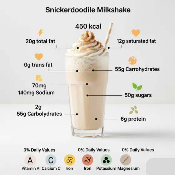 Snickerdoodle Milkshake in a tall glass, topped with whipped cream and a caramel swirl, displaying nutritional info and calorie count.