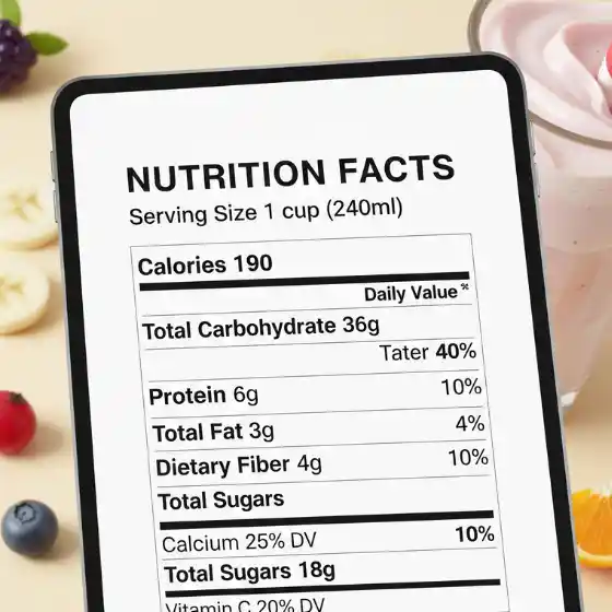 Tablet displaying a nutrition facts label shows 190 calories, 36g carbs, and 6g protein per 1 cup. Background: apple milkshake, bananas, and berries. Bright, informative tone.