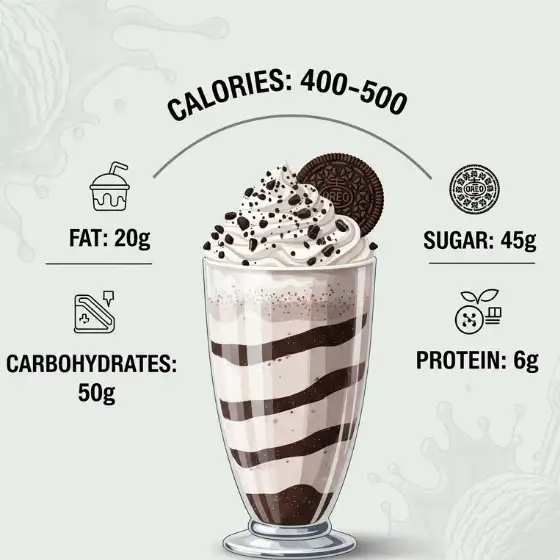Creamy Oreo milkshake with whipped cream and cookie topping, a delicious treat to enjoy while browsing the latest trends like Edgar haircuts for men. Nutritional info: 400–500 calories, 20g fat, 45g sugar, 50g carbs, 6g protein.