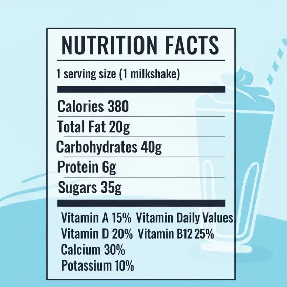 Nutrition facts for a Blue Milkshake: 380 calories, 20g total fat, 40g carbohydrates, 6g protein, 35g sugars. Vitamin A 15%, D 20%, B12 25%, Calcium 30%, Potassium 10%.
