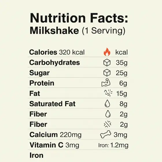 Nutrition facts label for a Paan Milkshake, listing calories as 320 kcal and including details on carbohydrates, sugar, protein, fat, calcium, and iron.