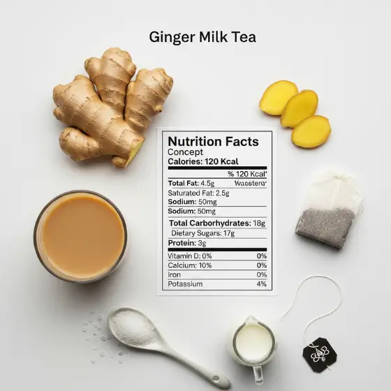 lat lay of Ginger Milk Tea ingredients: fresh ginger, tea bag, sugar, milk, and brewed tea, with nutrition facts in center. Calm and informative.