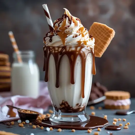 A decadent milkshake topped with whipped cream, chocolate drizzle, caramel, and a wafer cookie, set against a cozy backdrop.