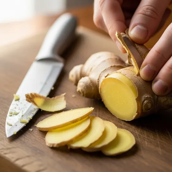 A person peels ginger root with a knife on a wooden cutting board, preparing fresh slices for Ginger Milk Tea. Natural light filters through a nearby window, highlighting the ingredients.