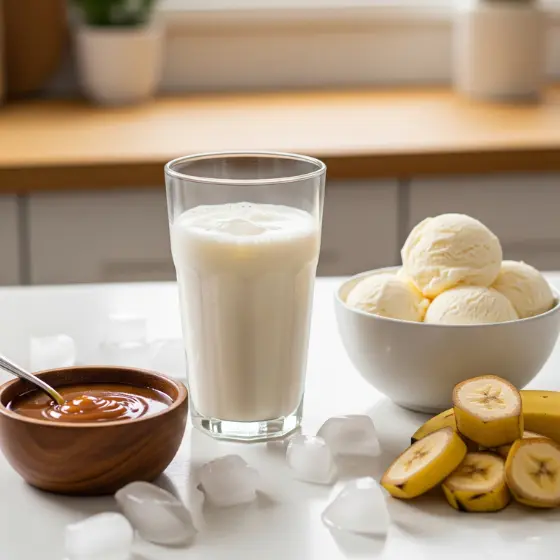 A glass of milk, a bowl of ice cream, a bowl of caramel sauce, sliced bananas, and ice cubes arranged on a kitchen countertop, all set as ingredients for making a Caramel Milkshake."