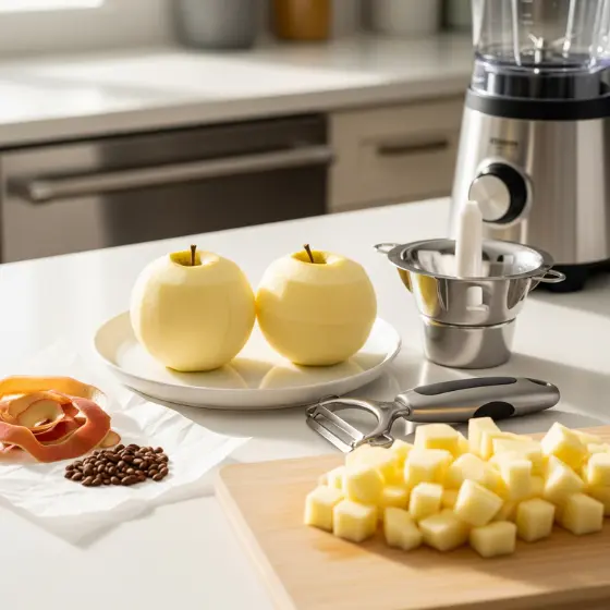 Two peeled apples on a plate, a blender, apple cubes on a cutting board, a peeler, and apple peels convey a fresh, kitchen prep scene for making an apple milkshake.