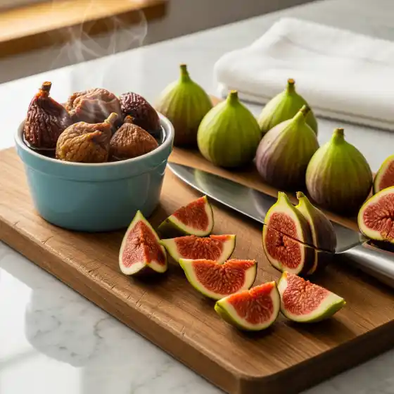 A wooden board displays sliced figs and a knife, with a bowl of steaming dried figs beside fresh whole figs — ingredients beautifully laid out for making a Fig milkshake. The setting is bright and inviting.