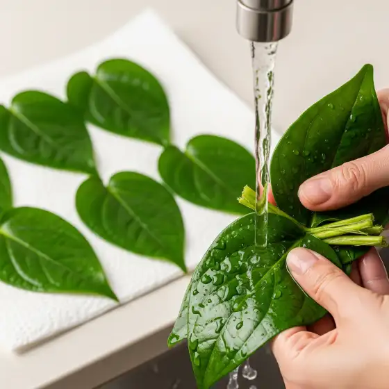 A hand rinses fresh green paan leaves under running water, with additional leaves laid on a paper towel in the background, preparing for a Paan Milkshake.