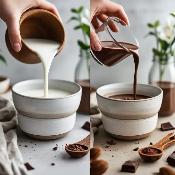 A hand pours milk into a bowl on the left, while another hand pours chocolate into a second bowl on the right, surrounded by ingredients.
