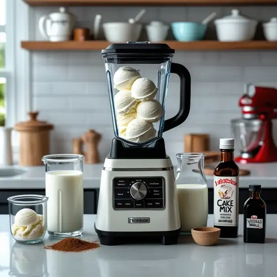 A blender with scoops of ice cream, surrounded by milk, cake mix, and vanilla extract ingredients on a kitchen countertop.