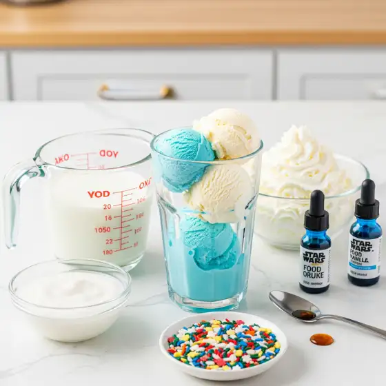 Blue Milkshake with blue and white ice cream scoops in a glass, surrounded by milk, whipped cream, colorful sprinkles, flavoring bottles, and yogurt on a kitchen counter.