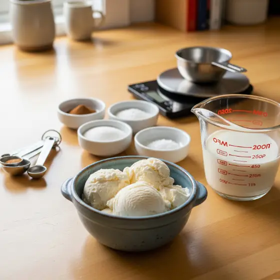 Snickerdoodle Milkshake ingredients displayed on a wooden countertop, featuring a bowl of scooped ice cream, measuring cups, milk, and various baking essentials.