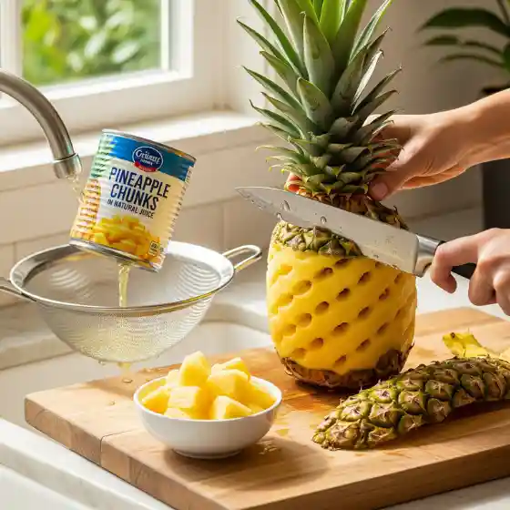 A person slices a fresh pineapple on a wooden board beside a bowl of pineapple chunks. A canned pineapple is being drained over a strainer. Bright, fresh ambiance highlighting a Pineapple Milkshake Recipe preparation.