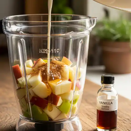 Blender jar filled with chopped apples, cinnamon, and honey being drizzled with milk to make an apple milkshake. Vanilla extract bottle beside on wooden table. Cozy kitchen scene.