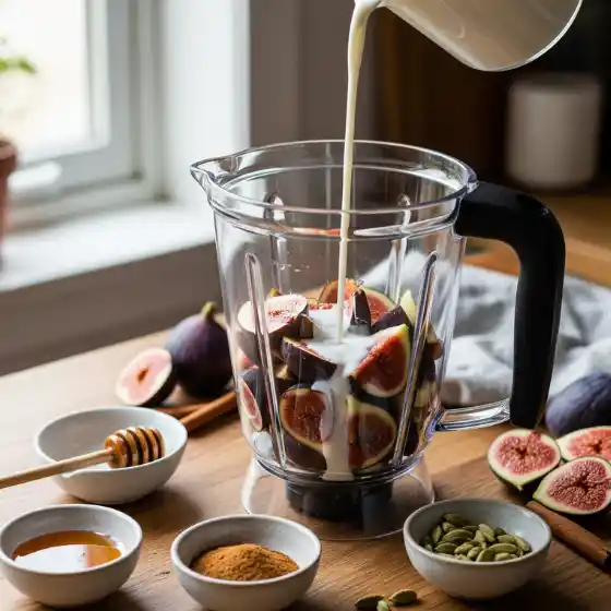 Fig milkshake preparation in progress: Milk is being poured into a blender containing sliced figs. Surrounding are bowls of honey, cinnamon, and cardamom on a wooden table, conveying a cozy, inviting atmosphere.