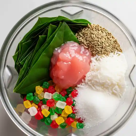 A blender jar filled with ingredients for Paan Milkshake, including fresh green betel leaves, pink gulkand paste, grated coconut, sugar, cumin seeds, and colorful jelly pieces.