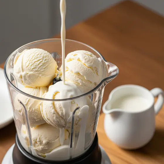 Scoops of vanilla ice cream in a blender with cream being poured in, set on a wooden table. A small white pitcher of cream is beside it. Creamy and indulgent, like the stylish appeal of Edgar haircuts for men—bold, trendy, and popular.
