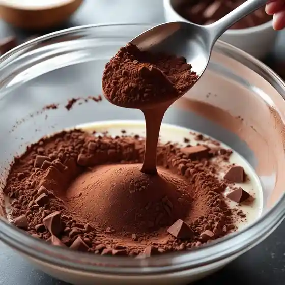 A spoonful of cocoa powder is being poured into a bowl of cream, surrounded by chocolate chunks, creating a rich baking scene.