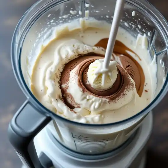 A blender filled with creamy vanilla and chocolate ice cream mixture, garnished with whipped cream and a chocolate swirl.