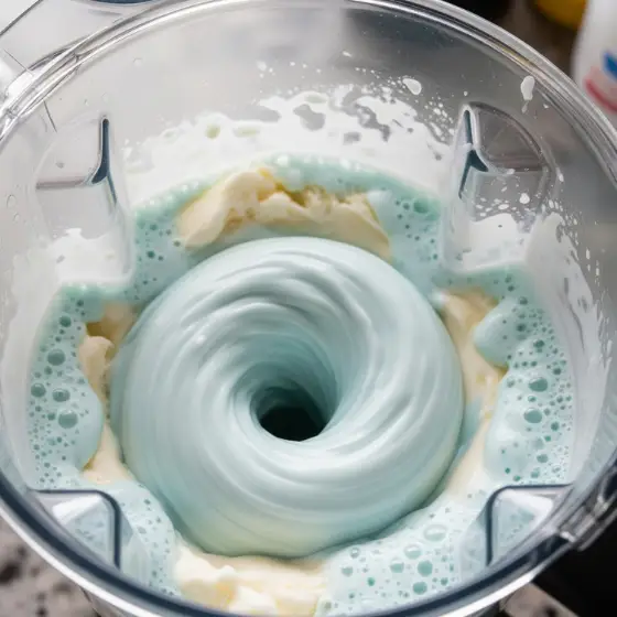 A blender with a light blue and white creamy liquid swirling into a vortex. The frothy mixture suggests a thick Blue Milkshake in progress, highlighting its rich and smooth texture.
