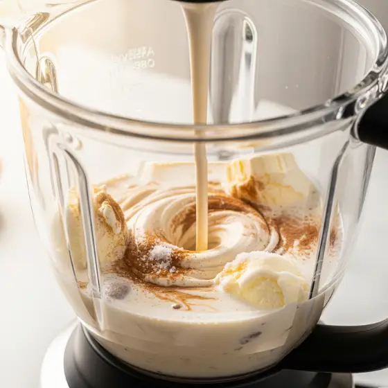 A blender filled with creamy ingredients like ice cream, milk, and cinnamon as a liquid is poured in, creating a delicious Snickerdoodle Milkshake mix.