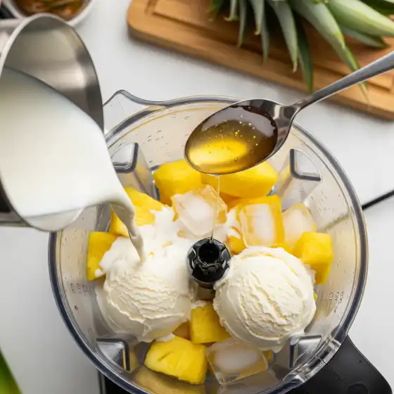 Pineapple Milkshake Recipe in progress: A blender filled with pineapple chunks, ice cream scoops, and ice. Milk is being poured in, and honey drizzled from a spoon. Fresh, tropical vibe.