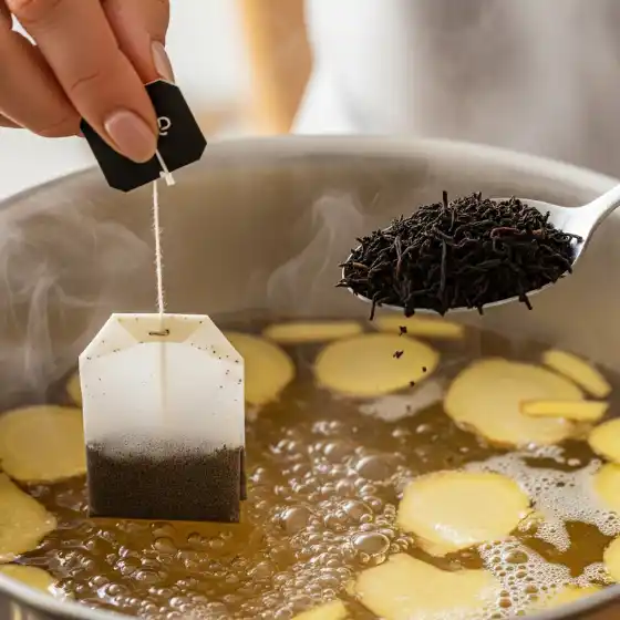 A hand holds a tea bag over a pot of steaming water with sliced ginger, while another spoonful of loose black tea is added, preparing a comforting cup of Ginger Milk Tea.