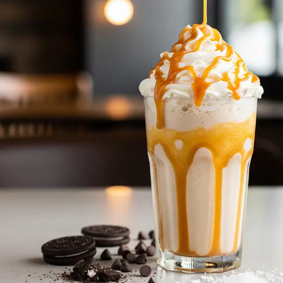 A tall glass filled with a creamy Caramel Milkshake topped with whipped cream and caramel drizzle, beside Oreos and chocolate chips on a table.