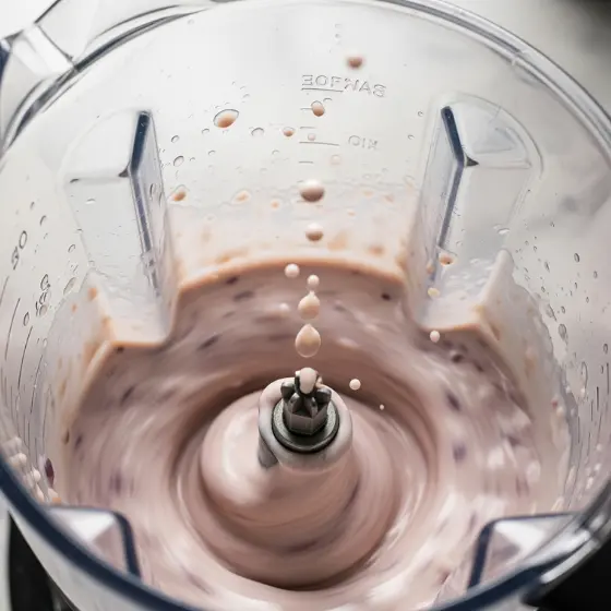 Top view of a blender mixing a fig milkshake, splattering pink droplets upwards. The motion creates a dynamic, energetic feel.