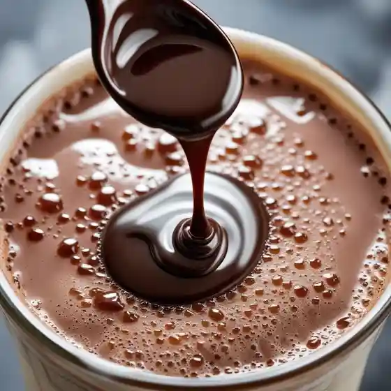 A close-up of rich, glossy chocolate sauce being drizzled into a jar, with tiny bubbles on the surface, creating a smooth texture.