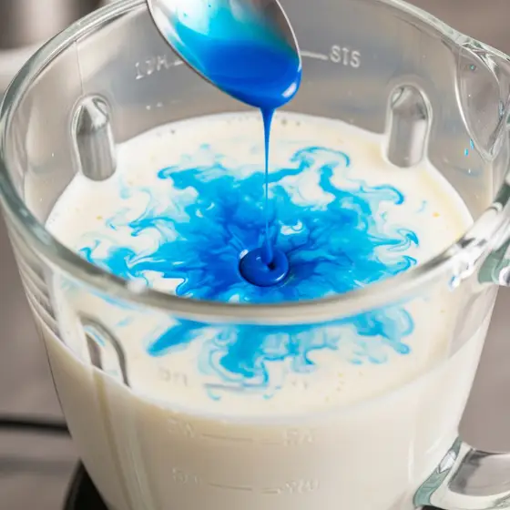 A spoon drizzles blue liquid into a blender with milk, creating swirling patterns. The vibrant blue contrasts with the creamy white, evoking creativity and highlighting the preparation of a Blue Milkshake.