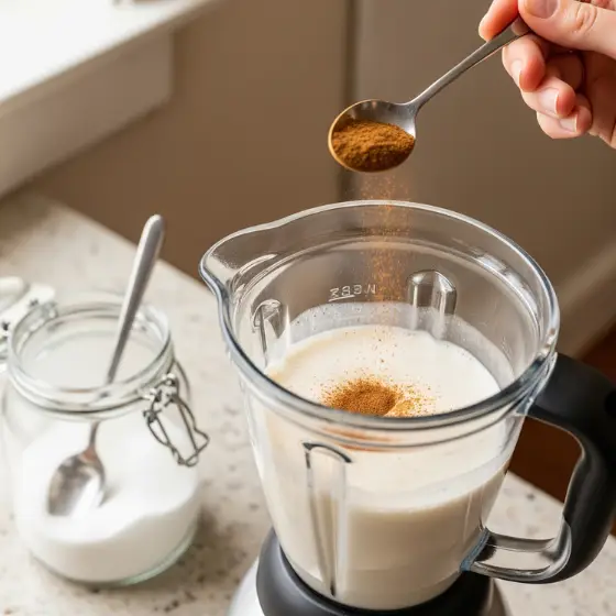 A hand adds a spoonful of spice into a blender filled with milk, beside a jar of sugar and a spoon on a kitchen countertop, preparing a Snickerdoodle Milkshake.